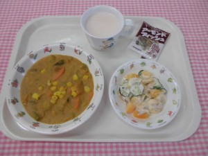 夏野菜カレー・フルーツサラダ ≪おやつ≫　手作りのむヨーグルト・アーモンドフィッシュ